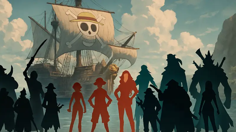 Кадры с различными пиратскими командами из аниме One Piece на фоне корабля