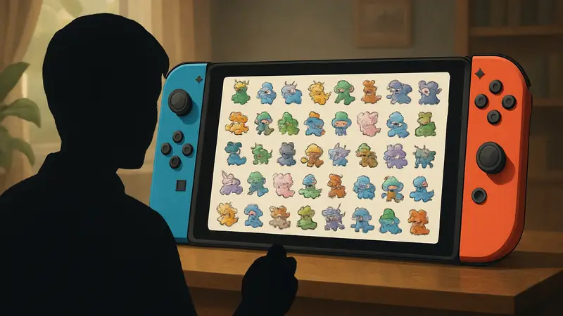 Коллекция различных покемонов, выстроенных в Living Pokédex, на экране Nintendo Switch.