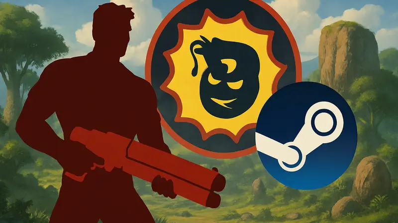 Серьезный Сэм с фирменным оружием, на фоне логотипа Serious Sam 2 и Steam