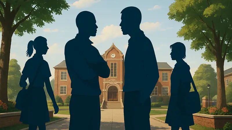 Кадр из игры Agefield High с персонажами-подростками в школьной форме и элементами окружения.