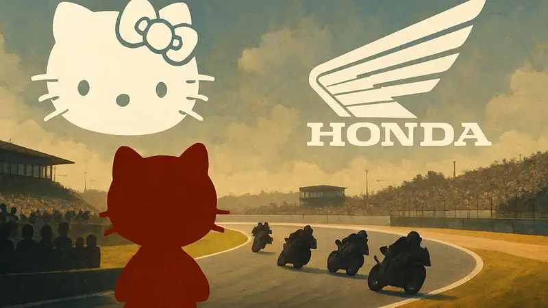 Логотипы Sanrio и Honda на фоне мотоциклетной гонки, символизирующие коллаборацию двух компаний.