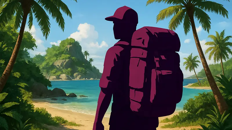 Игровой персонаж Starsand Island с большим рюкзаком на фоне тропического острова