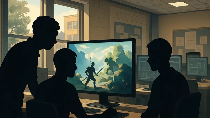 Студенты разрабатывают игру на компьютере, лучшие программы геймдизайна 2026