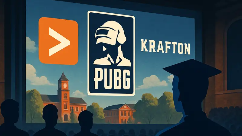 Логотипы PlayVS и Krafton рядом с иконкой PUBG, символизирующие студенческий киберспортивный турнир.