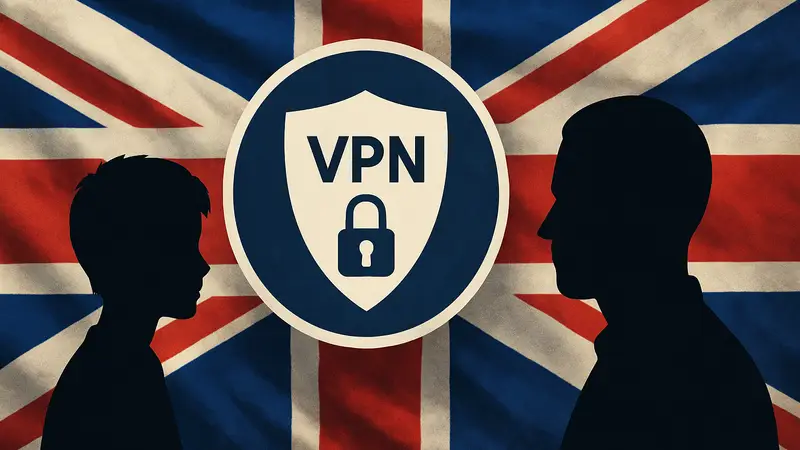 Иконка VPN-соединения на фоне британского флага, символизирующая ограничения приватности и обсуждение новых правил.