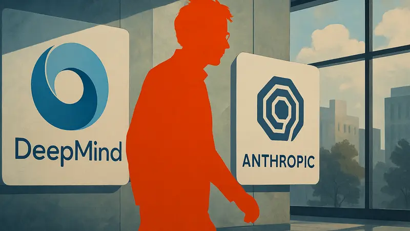 Нобелевский лауреат Джон Джампер, уходящий из DeepMind в Anthropic, на фоне логотипов компаний ИИ.