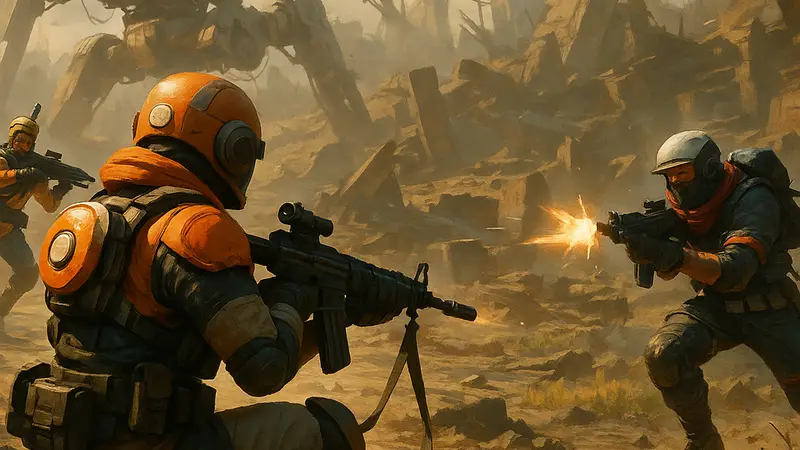 Скриншот из ARC Raiders с игроками, участвующими в PvP-сражении на фоне разрушенного ландшафта.