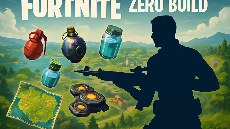 Fortnite Zero Build карманные предметы, игрок с оружием, боевые гаджеты, карта