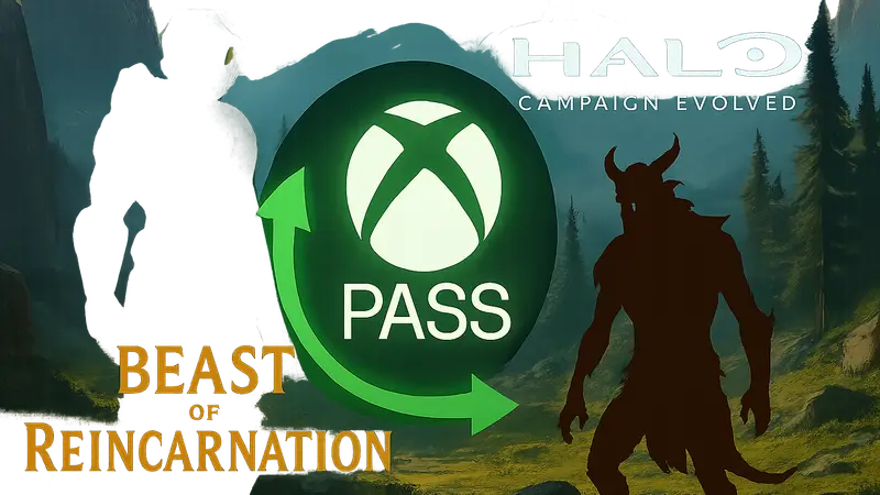 Логотипы игр Halo: Campaign Evolved и Beast of Reincarnation на фоне значка Game Pass