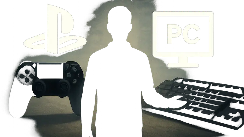 Логотип PlayStation и логотип ПК на фоне игрового контроллера и клавиатуры, символизирующие выбор.