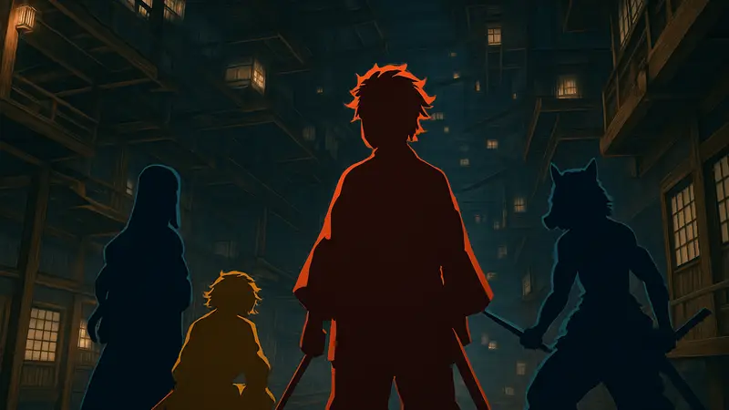 Кадр из аниме Demon Slayer: Infinity Castle с главными героями.