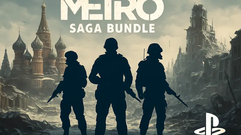Обложка Metro Saga Bundle с персонажами из игр Metro на фоне руин постапокалиптической Москвы и логотипом PlayStation.