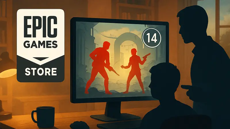 Логотип Epic Games Store и изображение бесплатной игры на ПК, анонс акции до 14 июня.