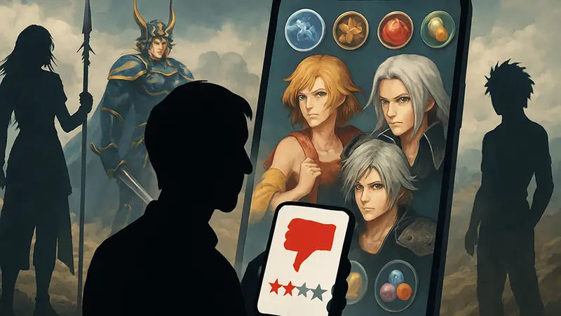 Негативный обзор Dissidia Duellum Final Fantasy, персонажи Final Fantasy, элементы gacha-игры, мобильный экран.