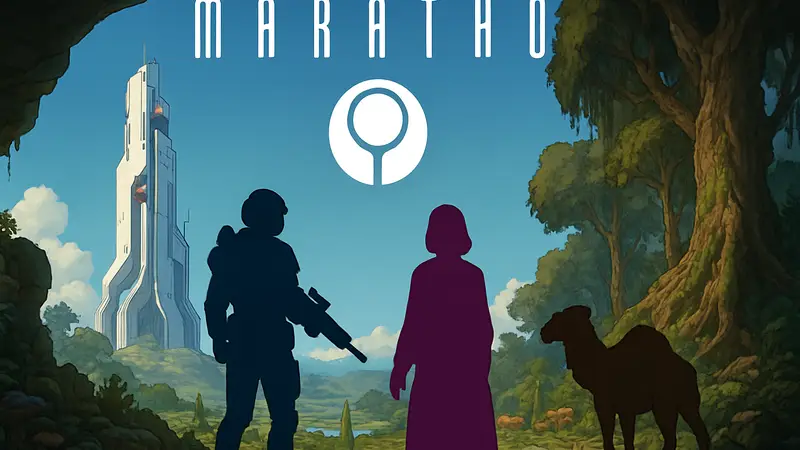 Логотип игры Marathon и иллюстрация из Caves of Qud