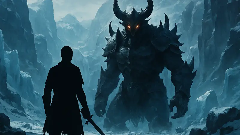 Изображение Белота Темнорождённого, босса из игры Crimson Desert, на фоне ледяных пейзажей.