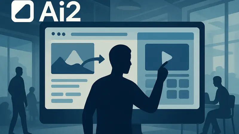 Логотип Ai2 и графическое представление MolmoWeb, демонстрирующее его функционал визуального веб-агента.