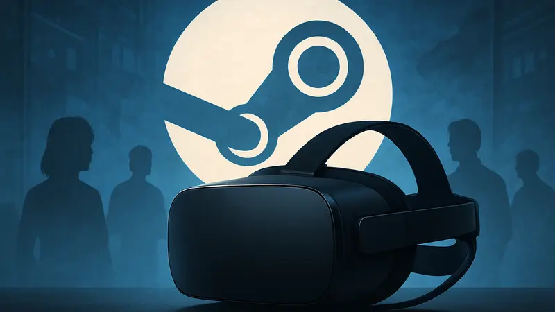Изображение VR-гарнитуры Steam Frame на фоне логотипа Steam, символизирующее скорый выход.