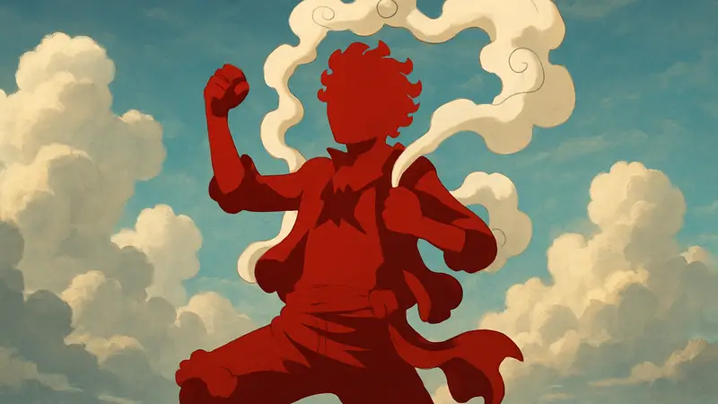 Луффи в форме Gear 5 из аниме One Piece, готовый к бою, с фоном из облаков.