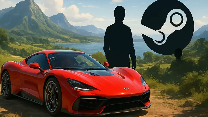 Автомобиль из Forza Horizon 6 на фоне живописного пейзажа, логотип Steam.
