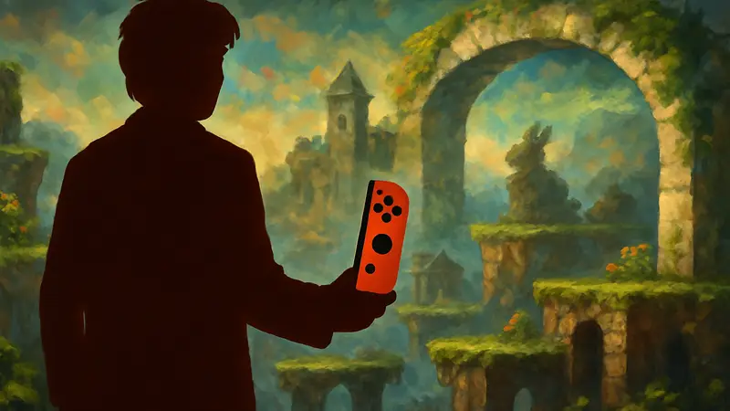 Главный герой Braid Тим на фоне красочной 4K-головоломки из Anniversary Edition на Nintendo Switch 2.