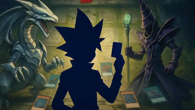 Обложка игры Yu-Gi-Oh! Master Duel с персонажами и карточками, символ Konami и название игры.