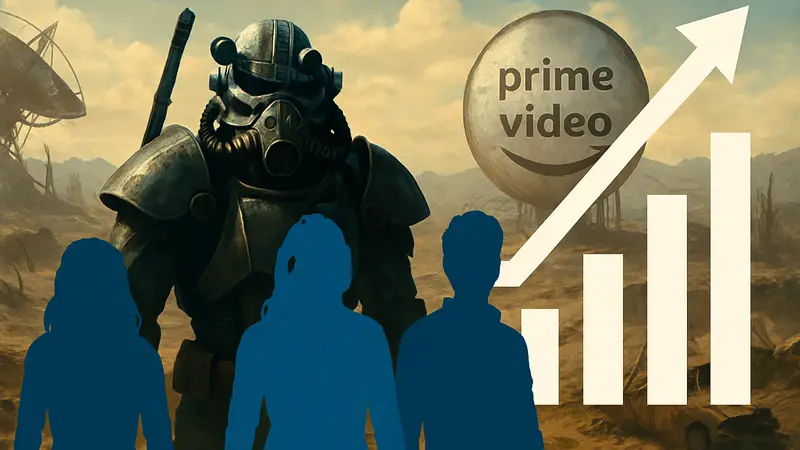 Успешный сериал Fallout от Amazon Prime Video с рейтингами просмотра и персонажами на фоне пустошей.
