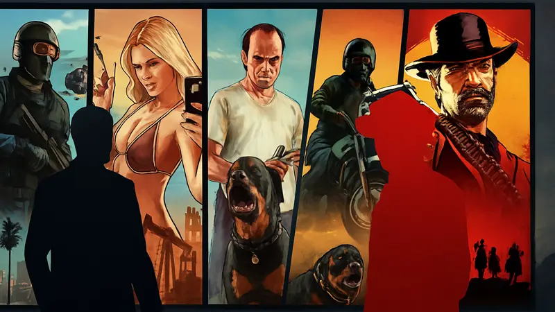 Обложки культовых игр Rockstar Games, включая Grand Theft Auto V и Red Dead Redemption 2.