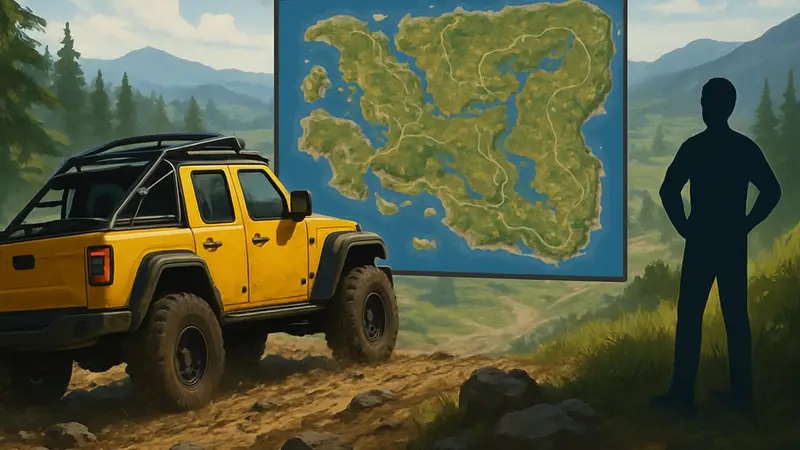 Скриншот Off The Road 2: мощный внедорожник едет по бездорожью, на фоне большая карта.