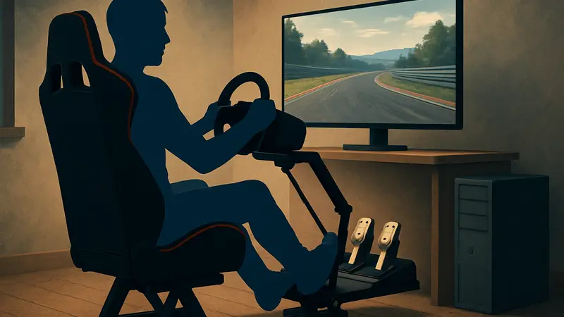 Игровое кресло с прикрепленными педалями для симрейсинга с помощью специального кронштейна