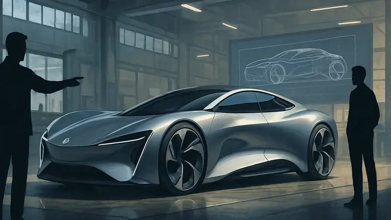 Футуристический автомобиль, созданный с помощью искусственного интеллекта, с необычными плавными линиями дизайна.