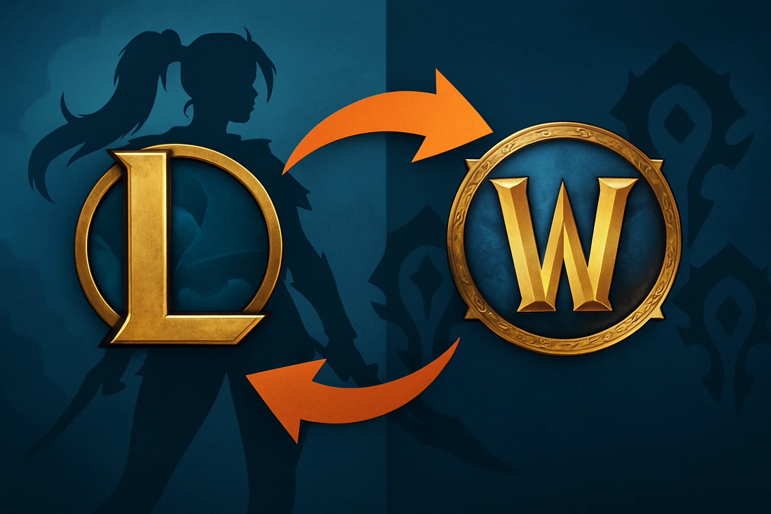 Логотип League of Legends рядом с логотипом World of Warcraft, символизирующий сотрудничество и переход.