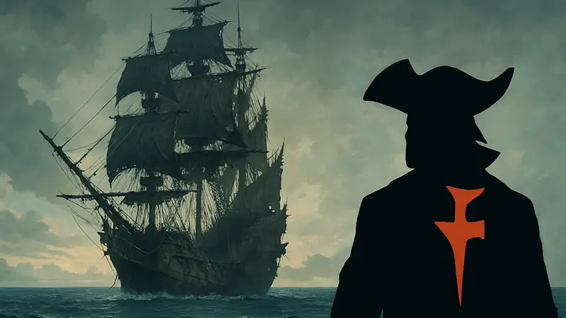 Концепт-арт пиратского корабля в стиле FromSoftware или логотип студии, на фоне моря.