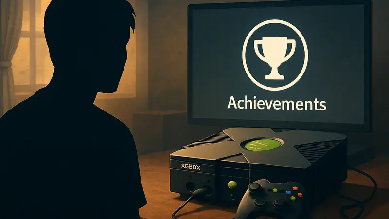 Оригинальный Xbox с контроллером и логотипом достижений, спустя 21 год, ностальгия в играх