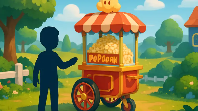 Игровая тележка с попкорном в Heartopia на солнечном участке