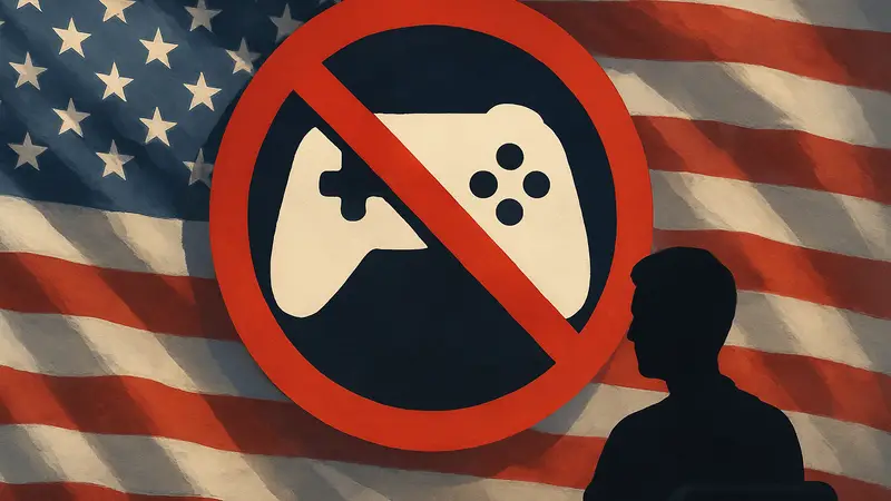 Логотип движения Stop Killing Games на фоне американского флага, символизирующий поддержку геймеров в США.