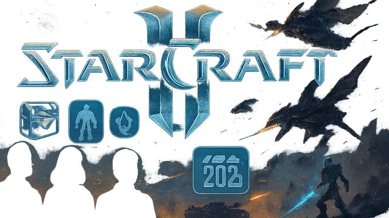 Логотип StarCraft 2 на фоне цифровых бонусов BlizzCon 2026 и галактических сражений.