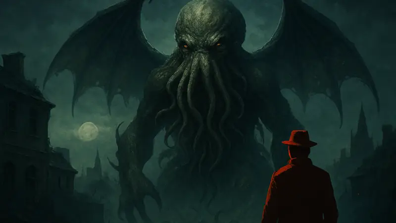 Иллюстрация монстра Ктулху или обложка игры The Dark Rites Of Arkham, выполненная в мрачных тонах.