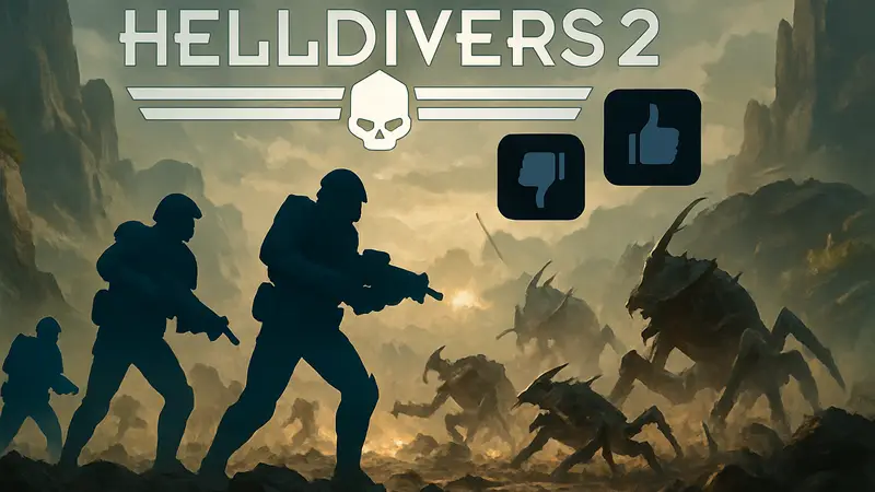 Игроки Helldivers 2 сражаются с врагами, на фоне логотип игры и текущие оценки Steam.