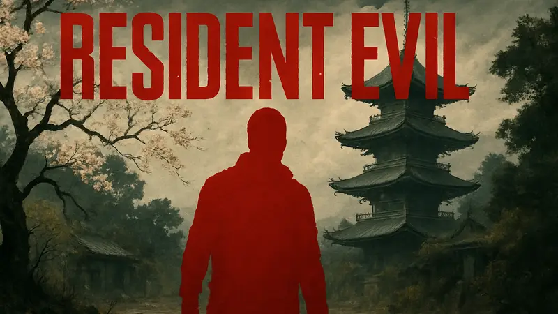 Изображение Resident Evil с японскими элементами, возможно, силуэт сакуры или традиционного здания на фоне.