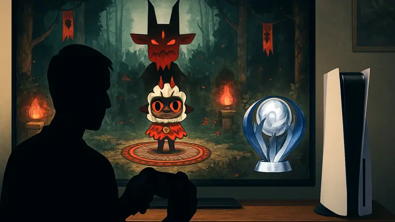 Игрок получает платиновый трофей в игре Cult of the Lamb на PS5