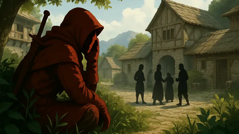 Герой Crimson Desert скрывается в кустах, подслушивая разговоры жителей деревни Бейген, выполняя квест.