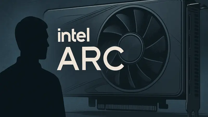 Логотип Intel Arc на фоне схематичного изображения видеокарты Arc Pro B70