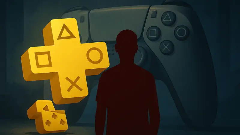 Логотип PlayStation Plus с надписью "13 новых игр" на фоне геймпада.