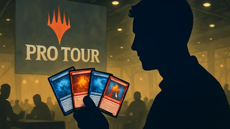 Игрок Magic: The Gathering, держащий карты Izzet Elementals, с логотипом Pro Tour на фоне.