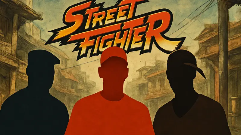 50 Cent, Eminem и 2Pac на фоне логотипа Street Fighter, символизирующий их совместный трек.