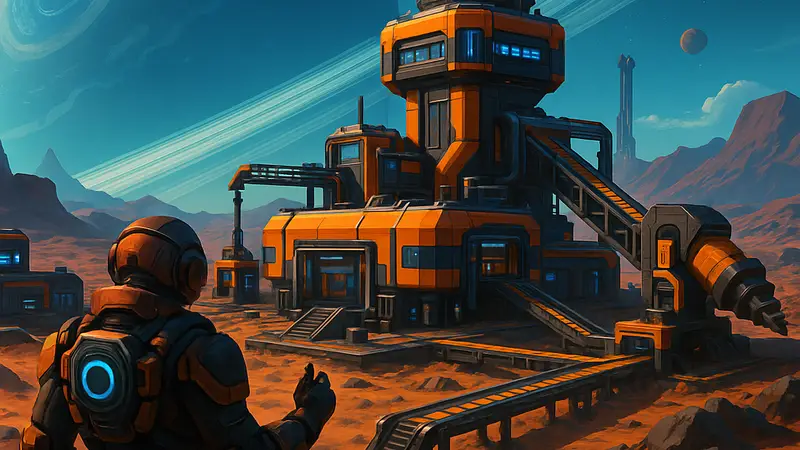 Обложка игры StarRupture, демонстрирующая строительство базы в космическом сеттинге с элементами Satisfactory.