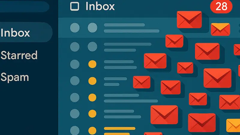Интерфейс почтового клиента Gmail с большим количеством непрочитанных писем в папке «Входящие».