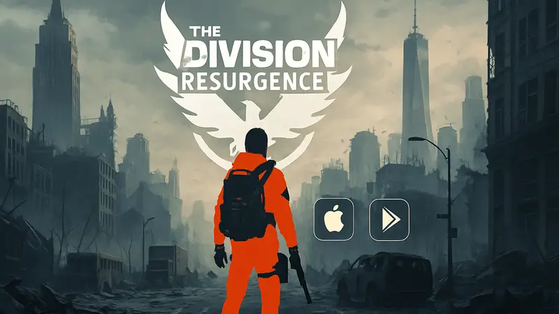 Логотип The Division Resurgence с персонажем на фоне разрушенного Нью-Йорка и иконками мобильных платформ