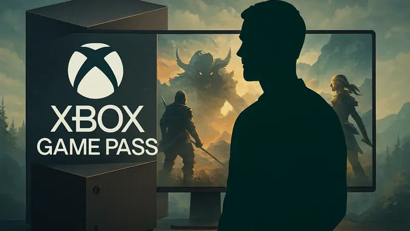 Логотип Xbox Game Pass на фоне консоли Xbox с изображением премиум-игр и контроллера.